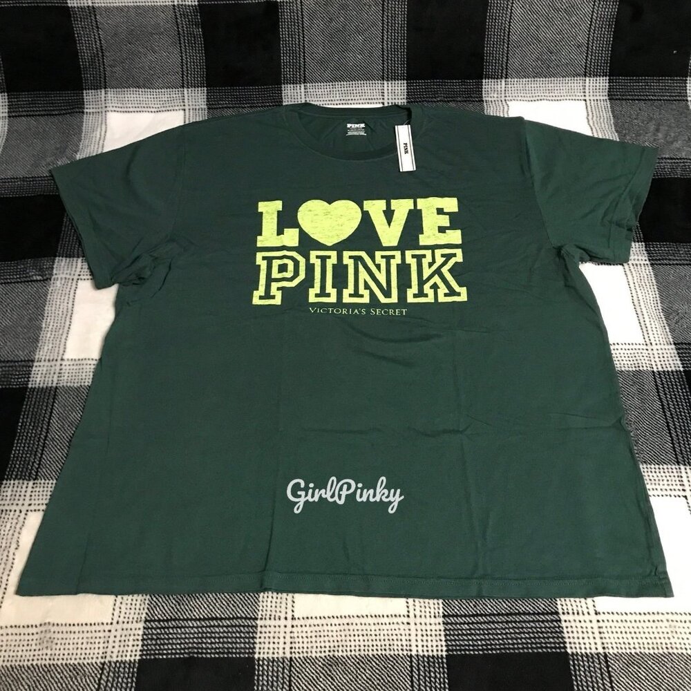 PINK Victoria's Secret Green T-Shirt with Yellow Logo